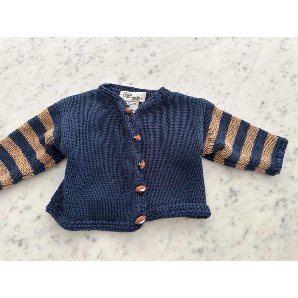Football Buttons Blue Sweater Cardigan Striped Sleeves Toddler Boy 18 Mo Gita 🏈